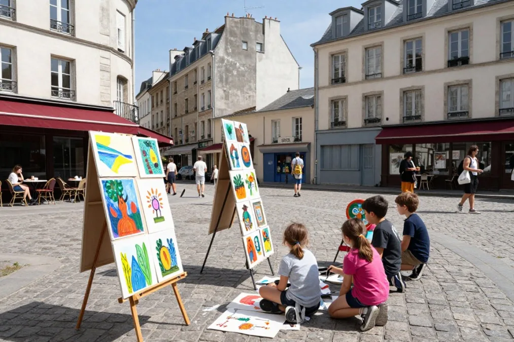 Children looking at artists painting in Place du Tertre Montmartre