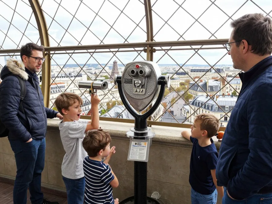 Children looking through telescope at Eiffel Tower observation deck with Paris cityscape visible