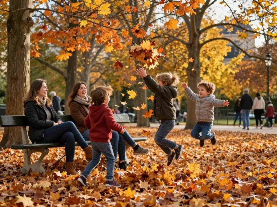 Children playing in autumn leaves in Paris park with family watching