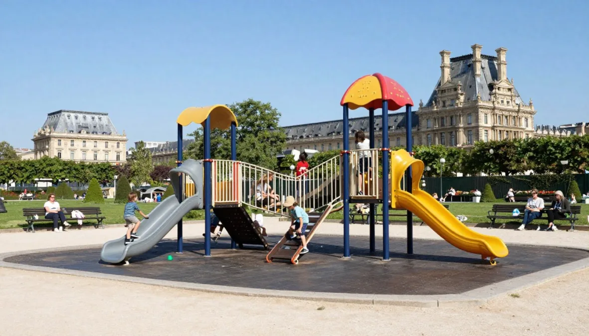 Children playing on colorful playground equipment in Jardin des Tuileries with Parisian architecture in background
