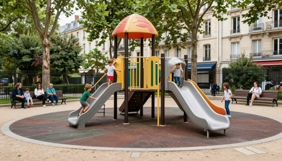 Children playing on modern playground equipment in a Paris neighborhood park