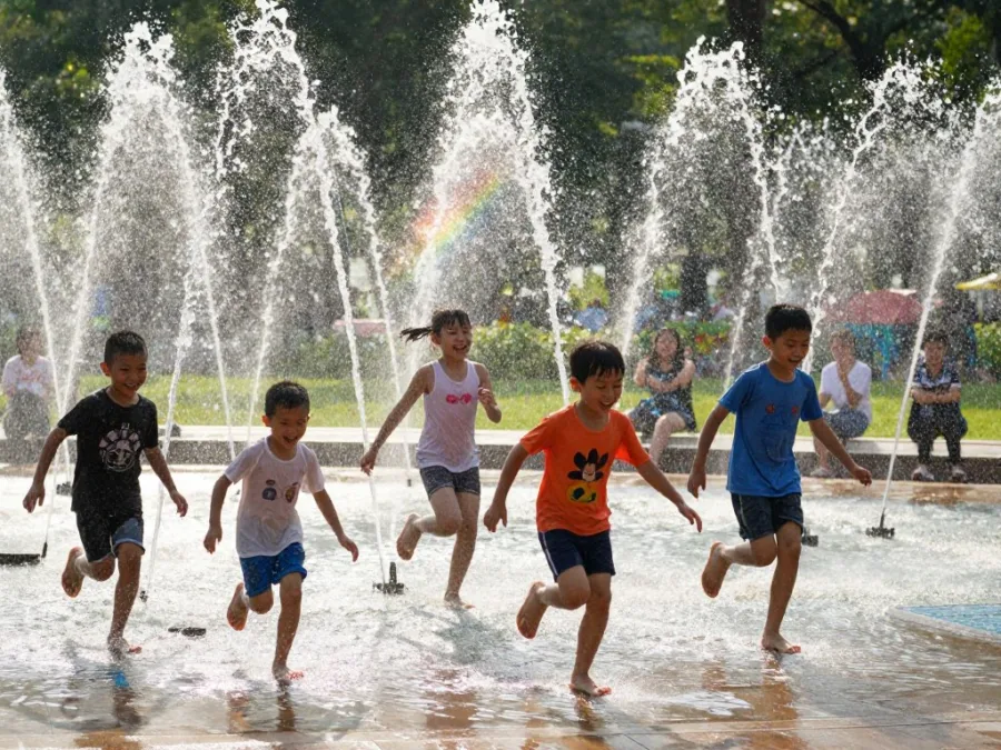 Children running through water fountains in Paris park on hot summer day
