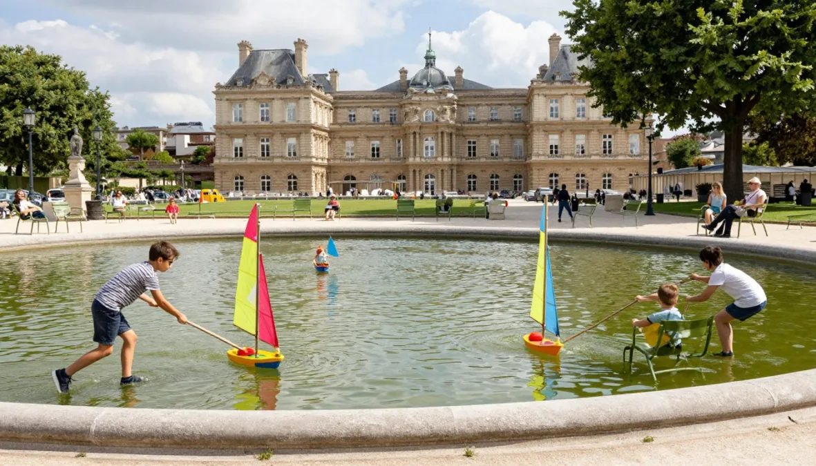 Children sailing toy boats in Luxembourg Gardens pond with palace visible in background