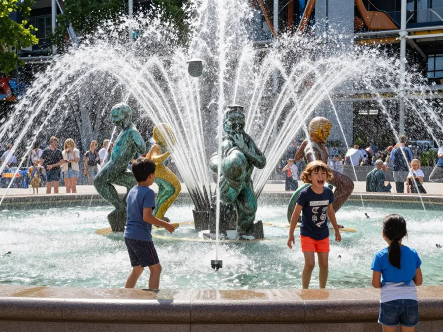 Children watching and playing near the colorful Stravinsky Fountain sculptures