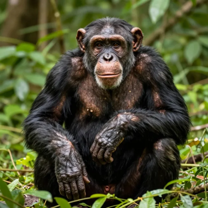 Chimpanzee showing intelligent expression and human-like features in forest setting