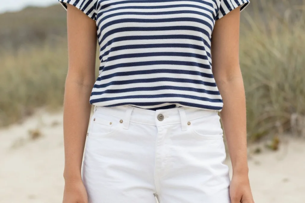 Classic striped top paired with white jeans