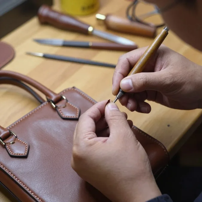 Close-up of artisan hands crafting luxury leather handbag