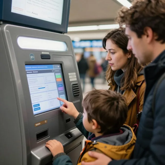 Close-up of family using Paris Metro ticket machine