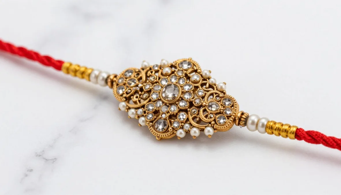 Close-up of premium kundan rakhi with pearl work details