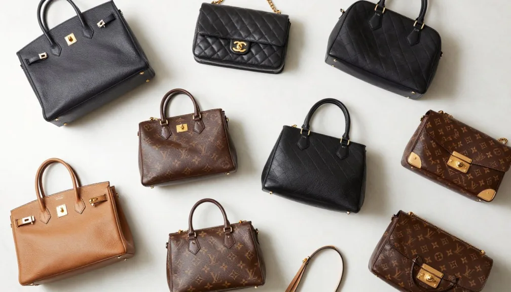Collection of luxury designer handbags from top brands displayed on marble surface