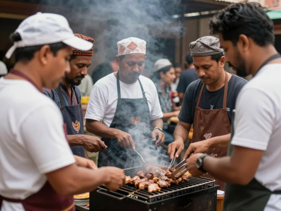 Community gathering around traditional barbecue or asado