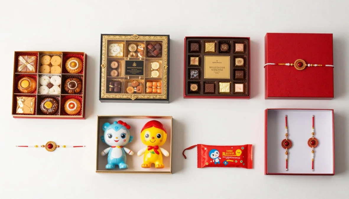 Comparison of different types of Raksha Bandhan hampers displaying variety