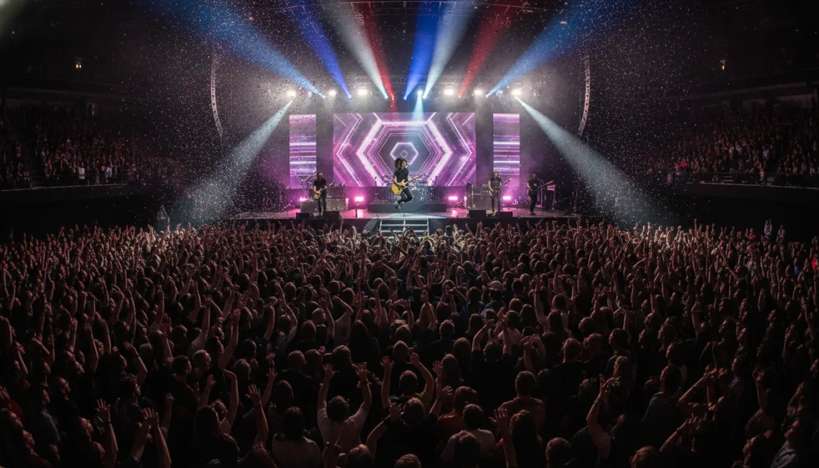 Concert stage performance with enthusiastic crowd