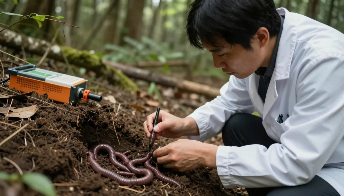 Conservation biologist examining giant earthworm habitat in protected forest area