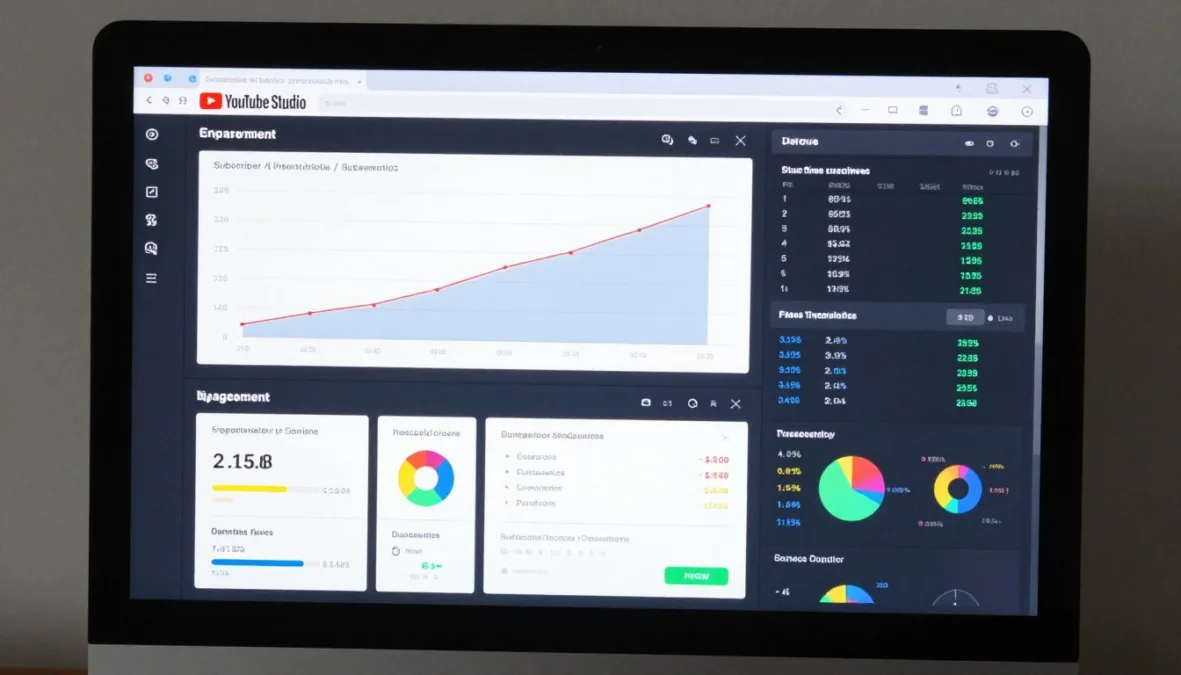 Content creator analyzing YouTube analytics showing channel growth and engagement metrics