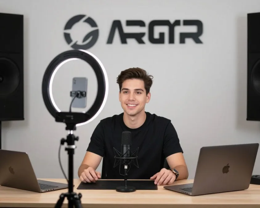 Content creator filming video for YouTube channel with professional lighting setup