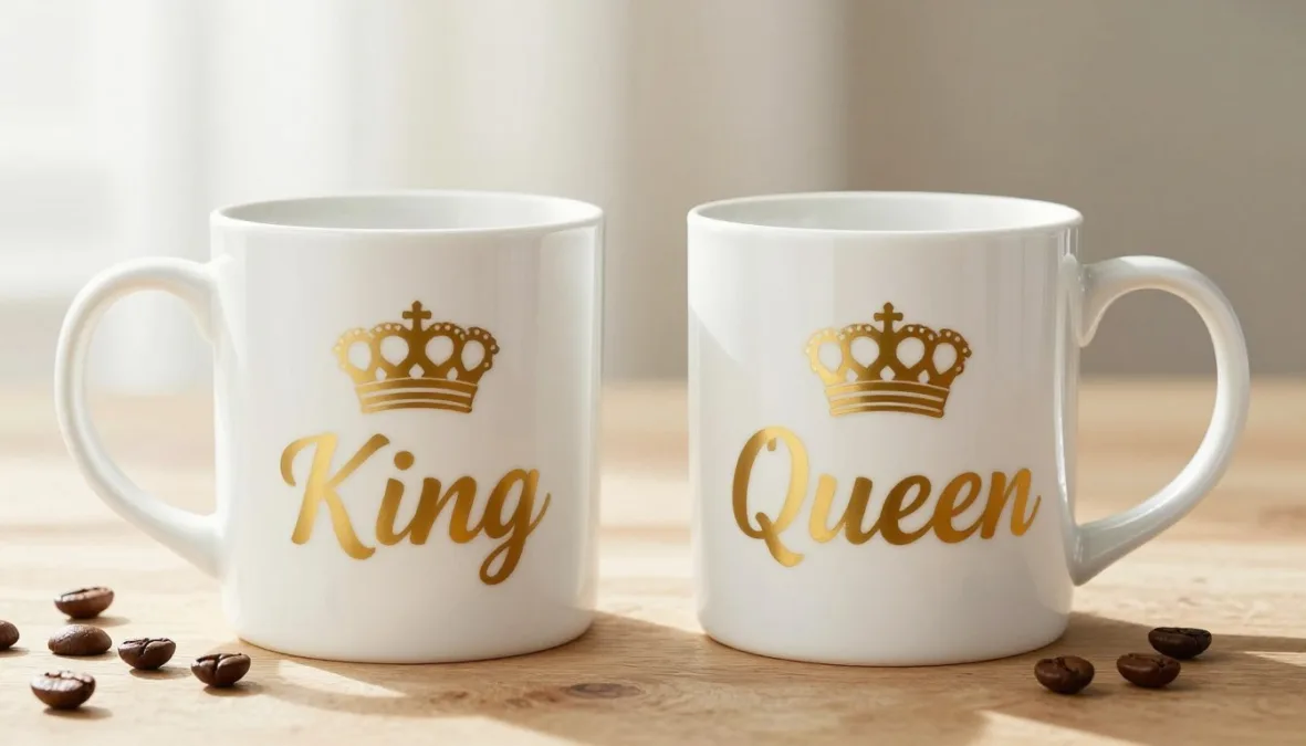 Couple coffee mugs with King and Queen designs