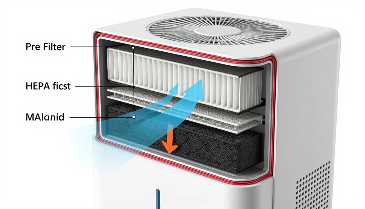Detailed cross-section diagram of air purifier showing filtration layers
