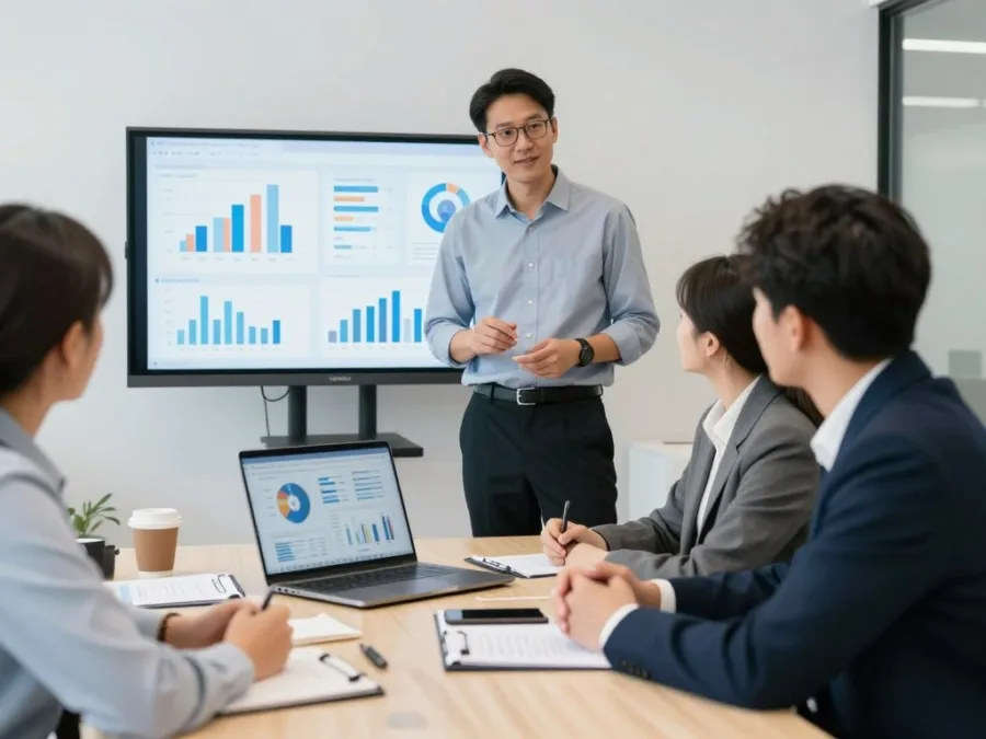 Digital marketing strategy meeting with small business owner reviewing campaign results