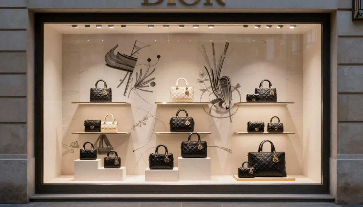Dior boutique window display featuring handbags