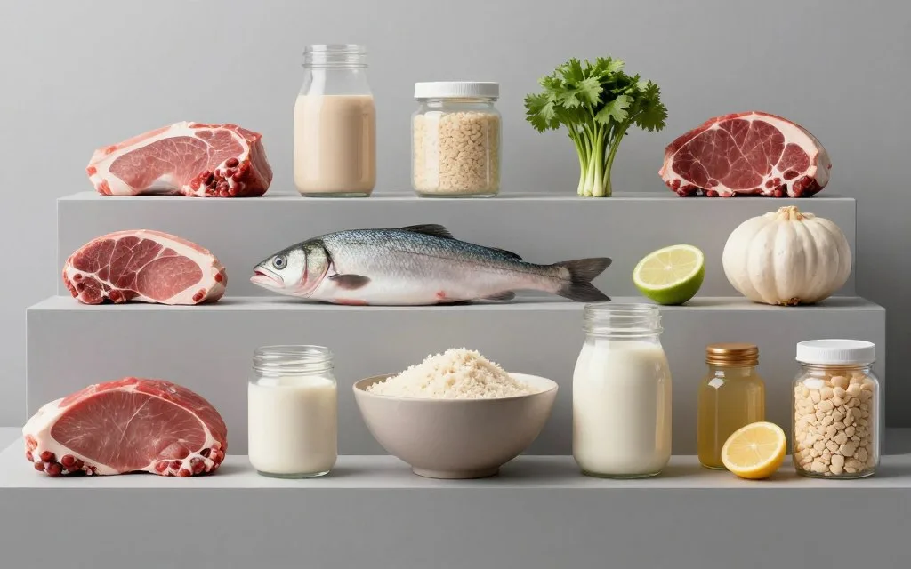 Diverse protein sources including traditional meats and alternatives