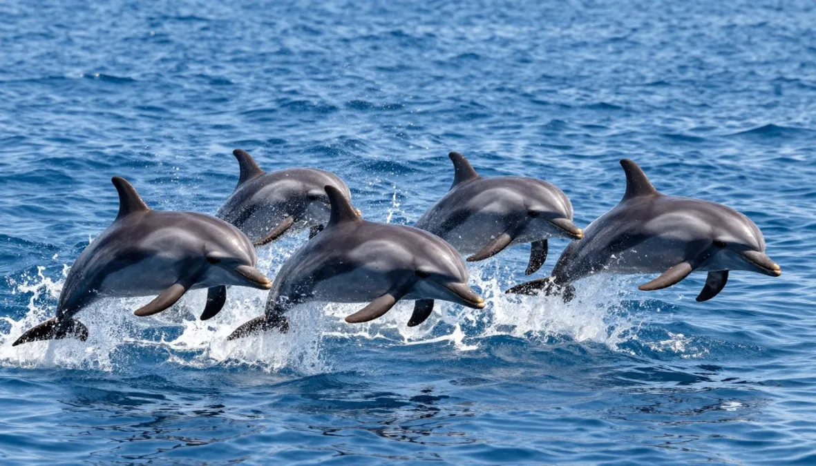 Dolphins jumping playfully out of ocean water showing their intelligence and energy