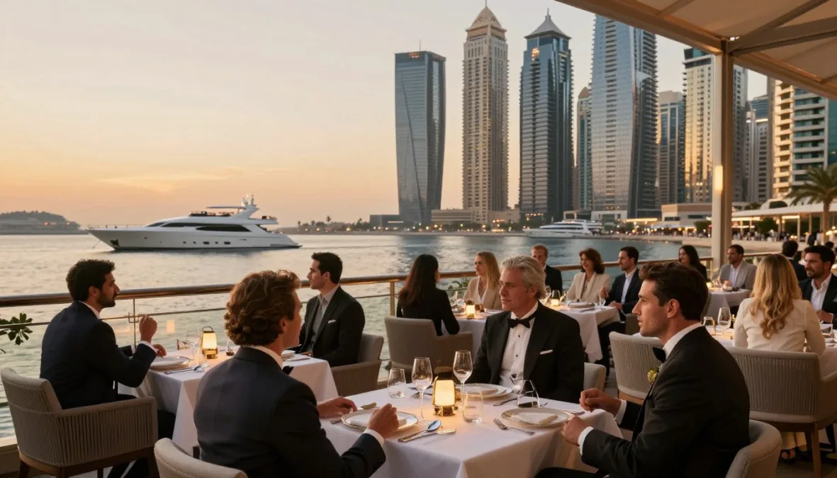 Dubai luxury dating scene at marina with singles socializing