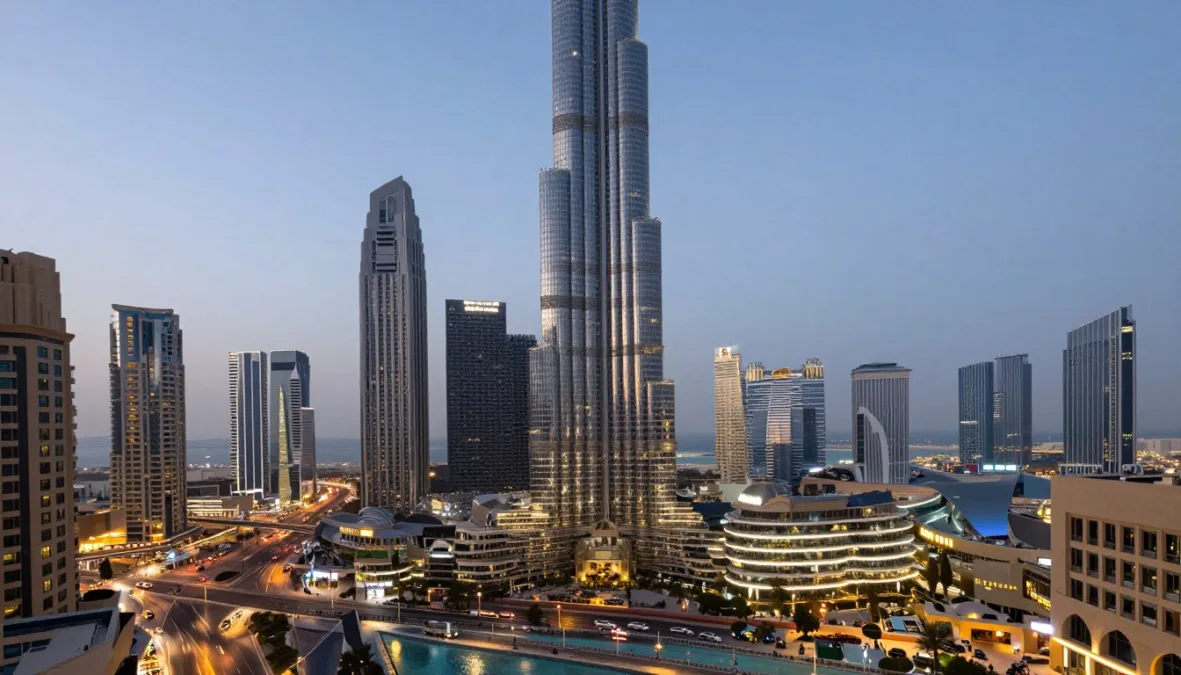 Dubai skyline during the economic crisis caused by the 2026 Strait of Hormuz War