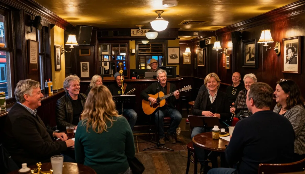 Dublin pub scene with people enjoying traditional Irish music and socializing