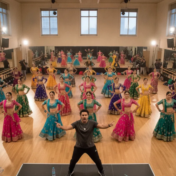 Elaborate Bollywood dance sequence rehearsal