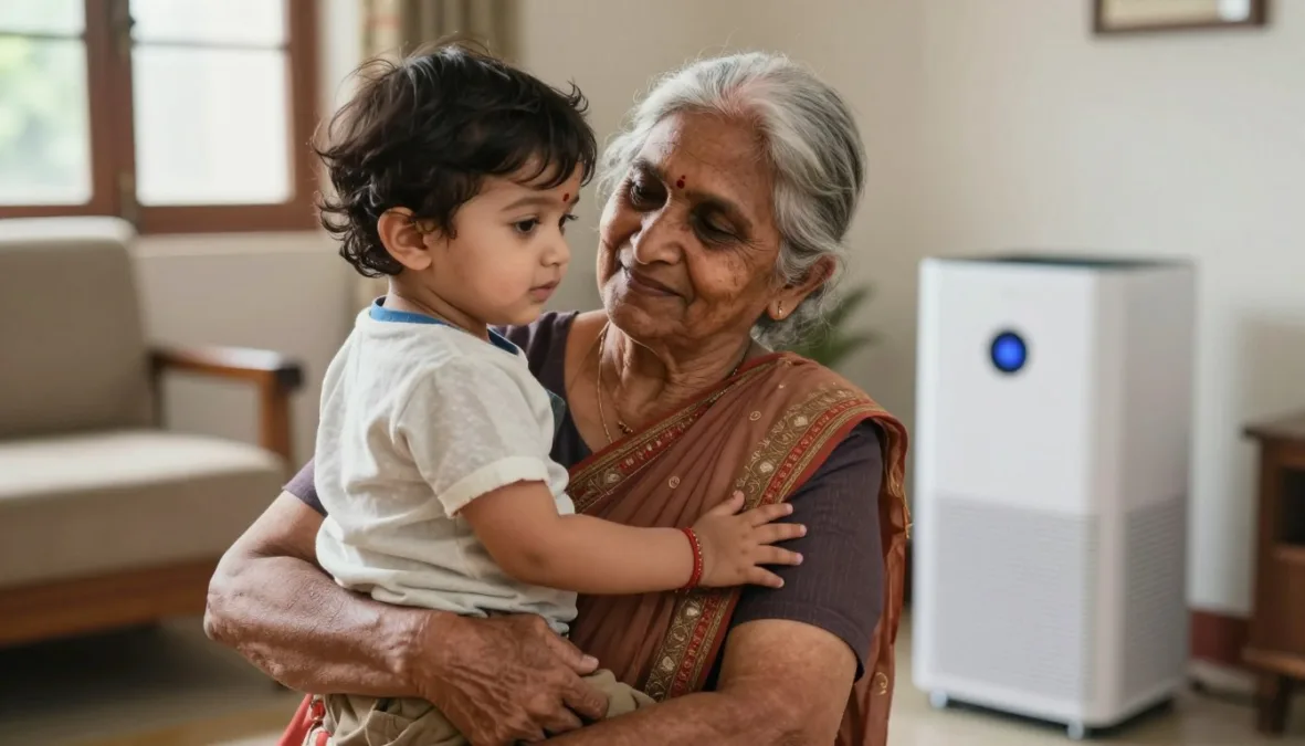 Elderly person and young child protected by air purifier