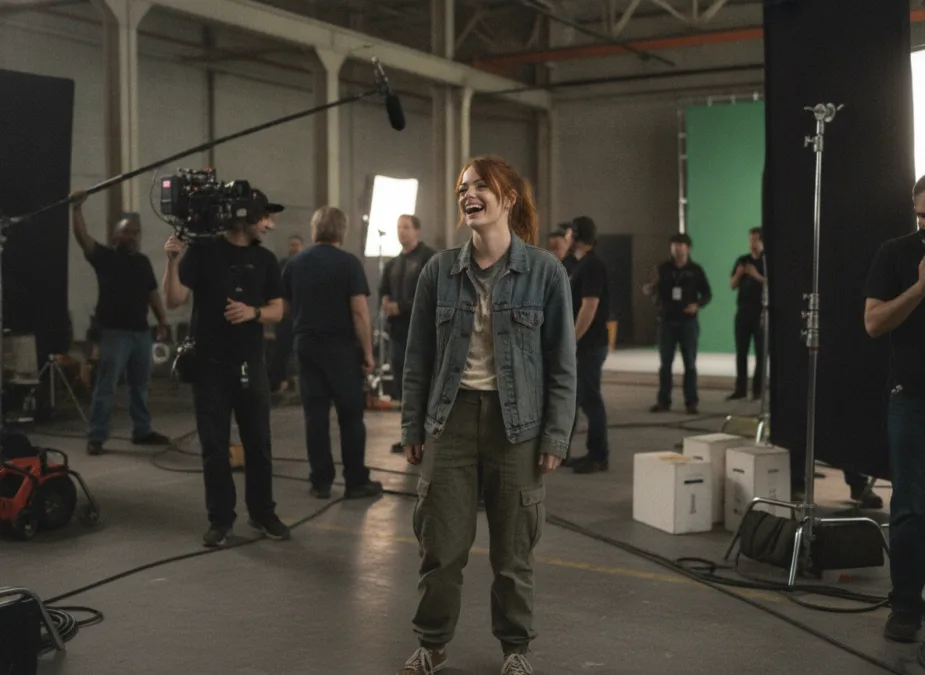 Emma Stone behind the scenes candid moment on film set