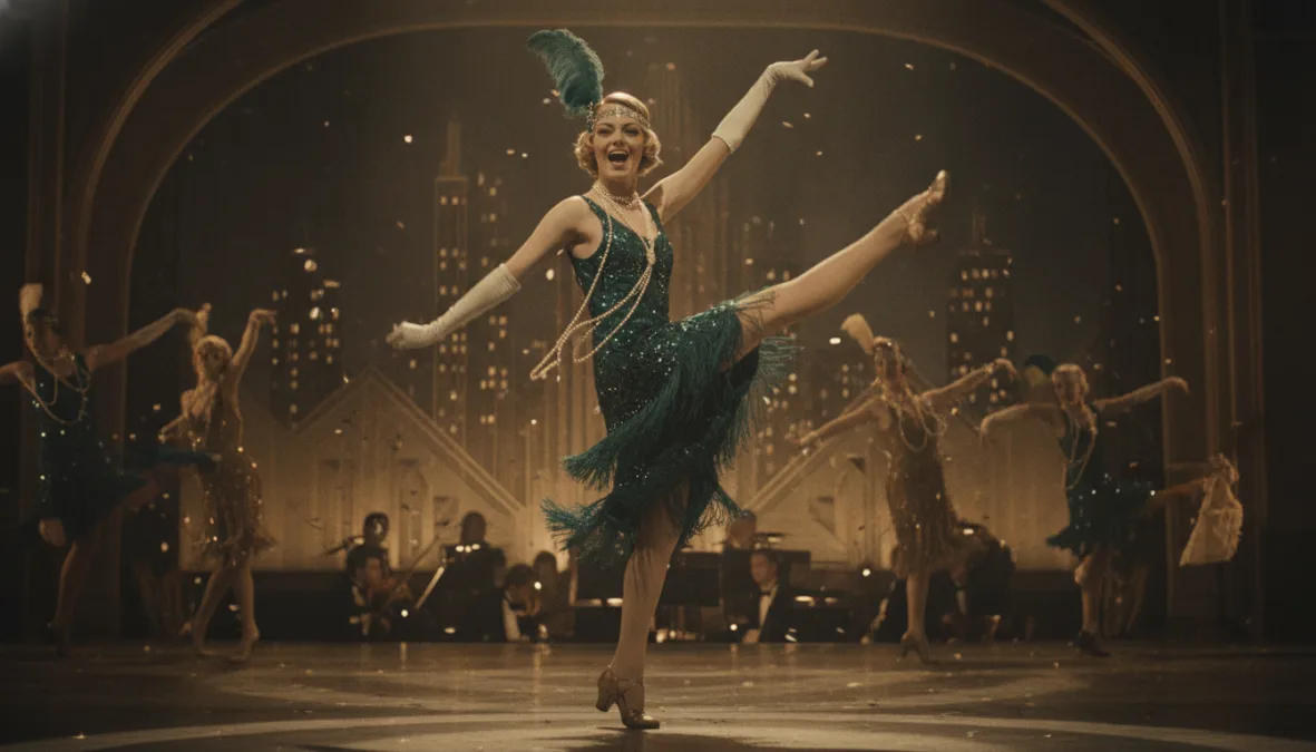 Emma Stone in musical performance costume with dramatic lighting
