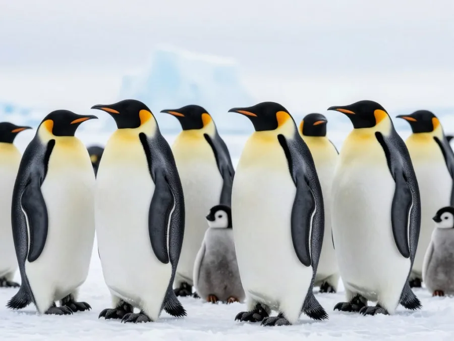 Emperor penguins standing together on Antarctic ice showing their distinctive black and white coloring