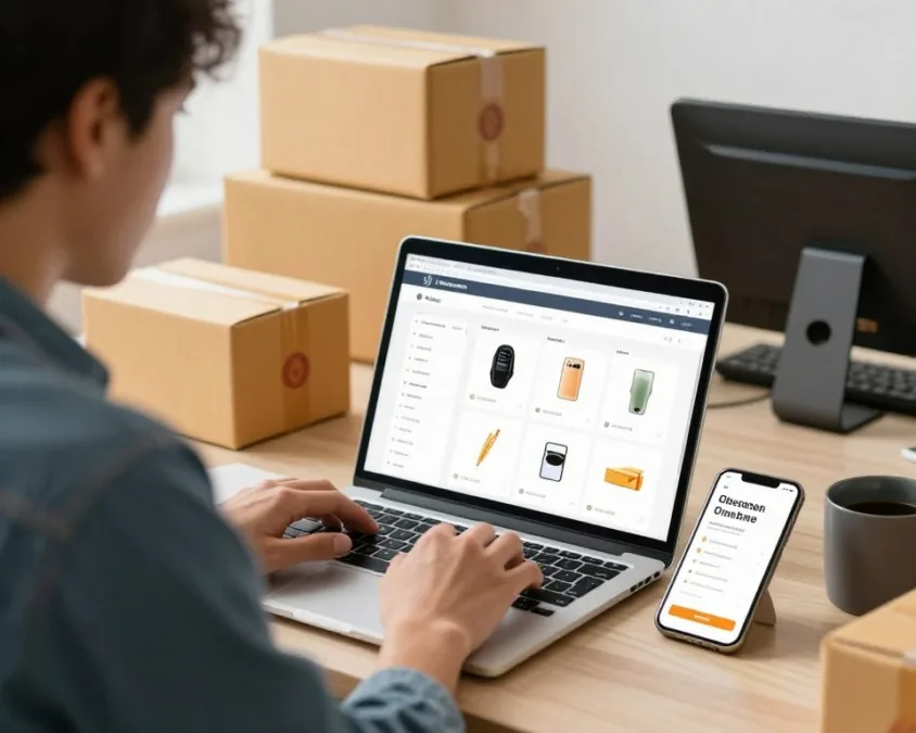 Entrepreneur managing dropshipping business on laptop with product listings and orders visible