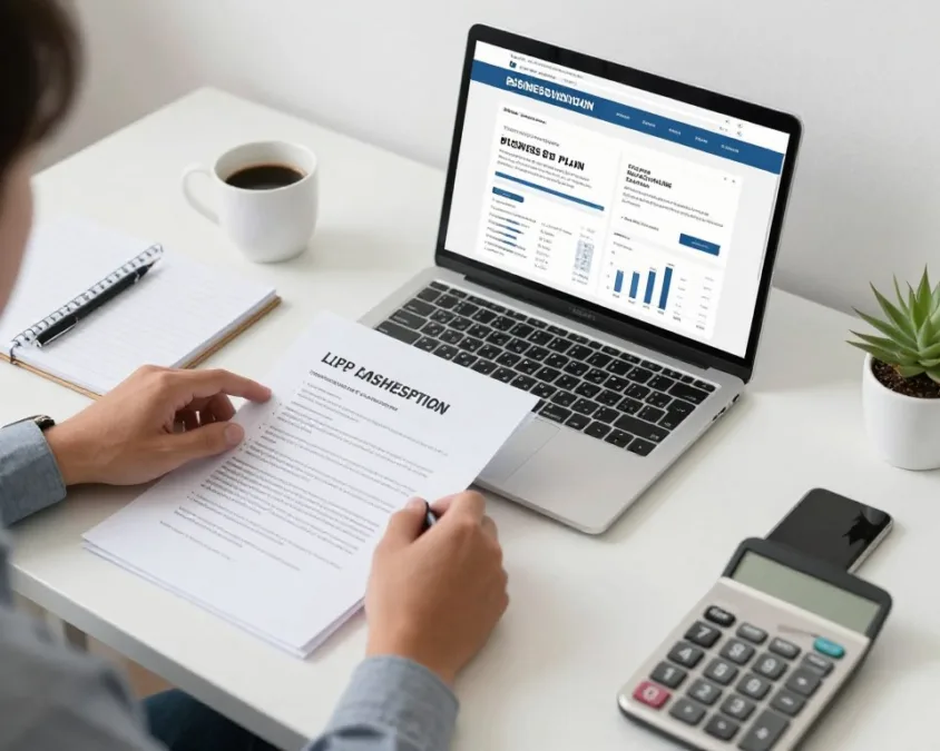 Entrepreneur organizing business documents and planning startup requirements