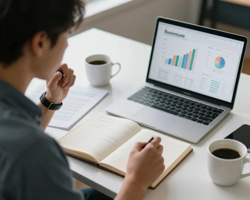 Entrepreneur reviewing business mistakes and lessons learned in planning journal