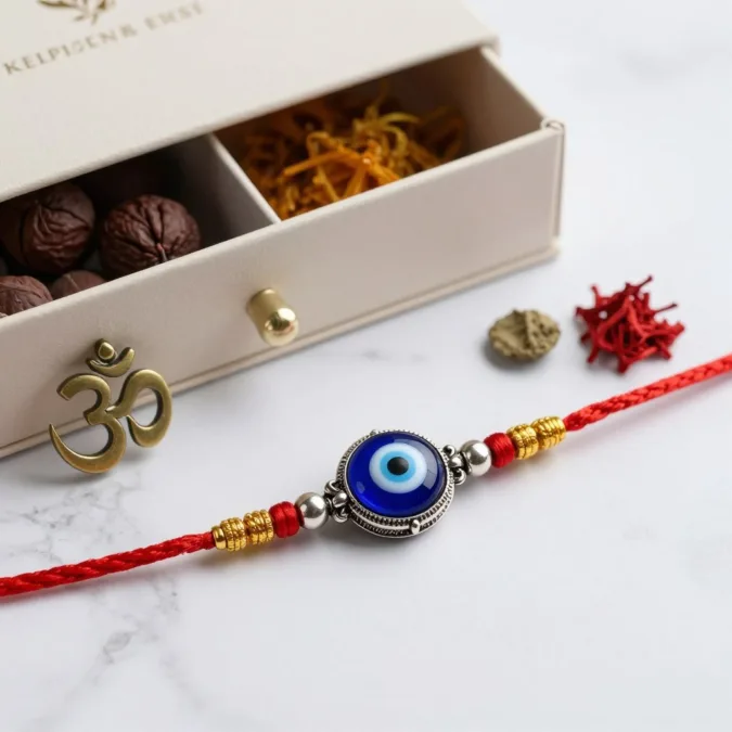 Evil eye rakhi with blue protective charm and spiritual items
