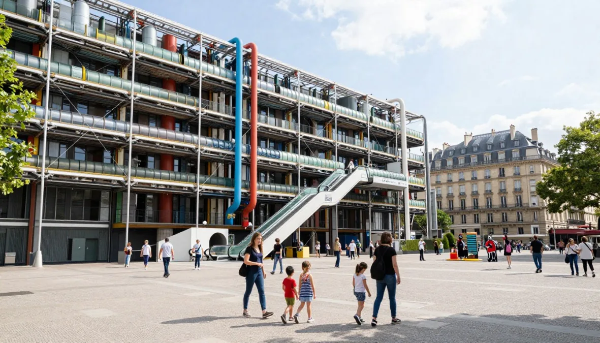 Exterior of Centre Pompidou showing colorful pipes with families walking in plaza