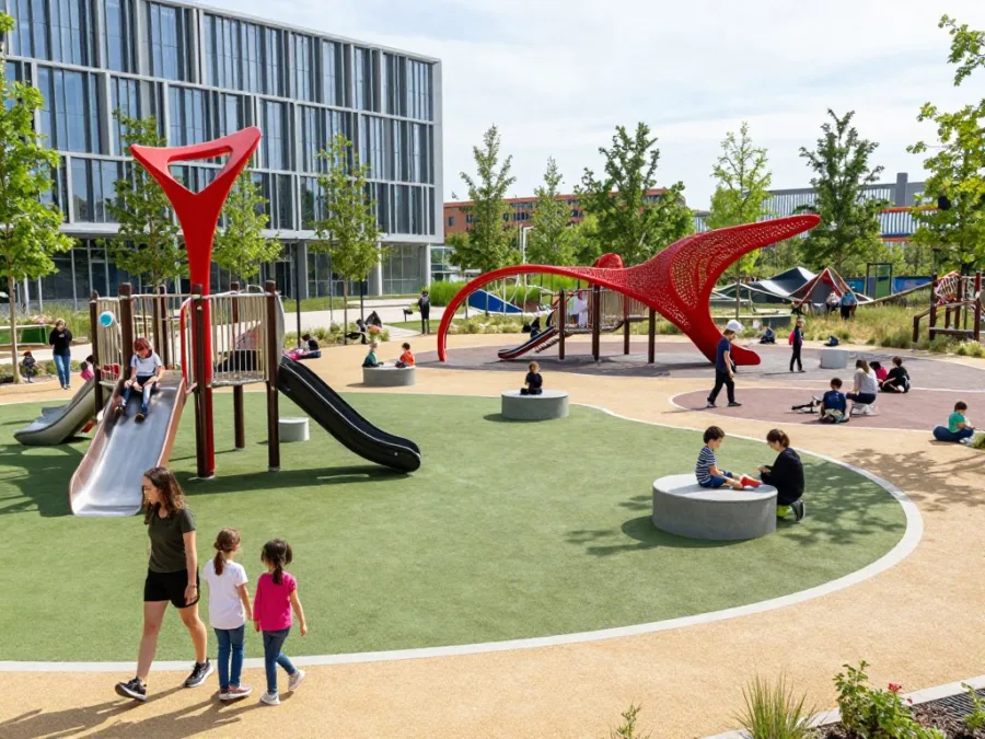 Families enjoying outdoor playgrounds at Parc de la Villette with modern structures