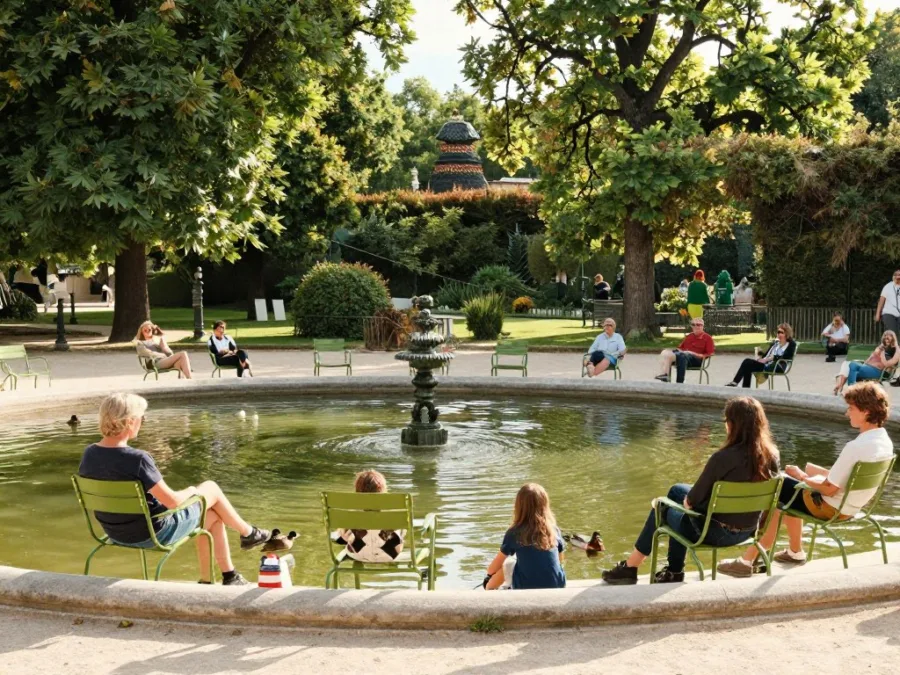Families relaxing by the pond in Jardin des Tuileries on a sunny afternoon