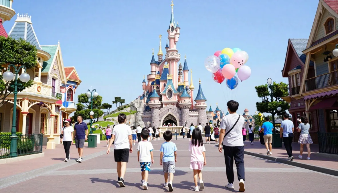 Families walking down Main Street USA at Disneyland Paris with Sleeping Beauty Castle in the distance