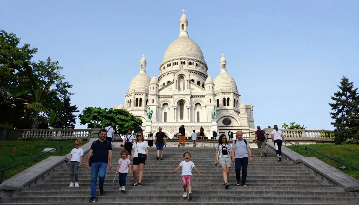 Family climbing the steps to Sacré-Cœur Basilica with white domes visible above