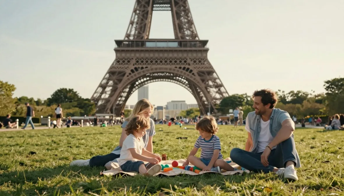 Family enjoying a sunny day near the Eiffel Tower with children playing in the foreground