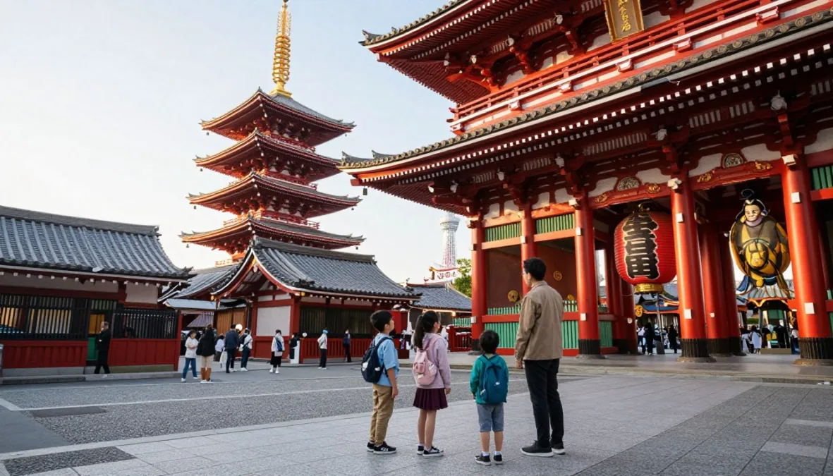 Family exploring traditional Japanese temple in Tokyo with modern skyline background