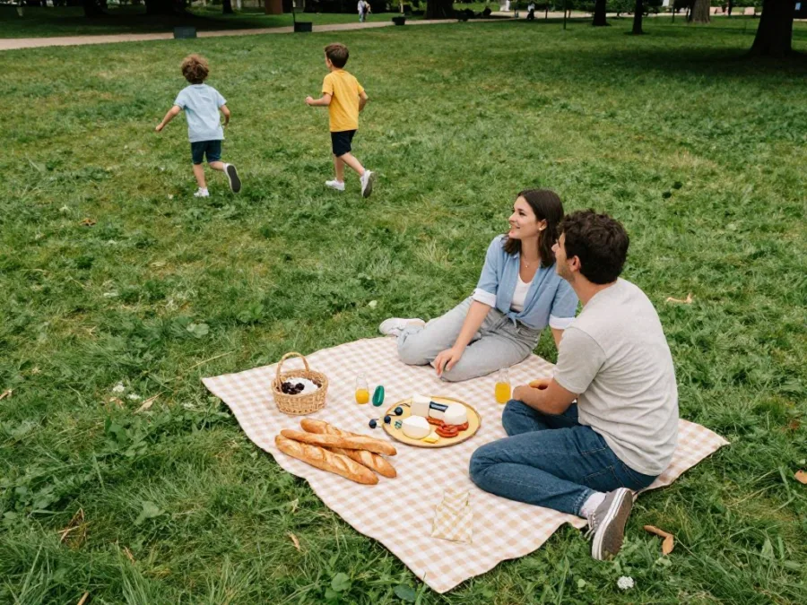 Family having a picnic on the lawn at Luxembourg Gardens with children playing nearby