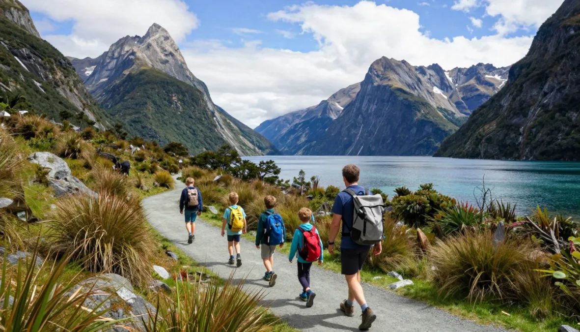 Family hiking through stunning New Zealand mountain landscape