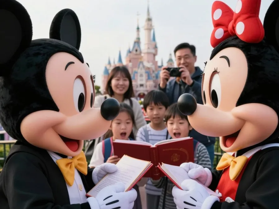 Family meeting Disney characters at Disneyland Paris with children getting autographs