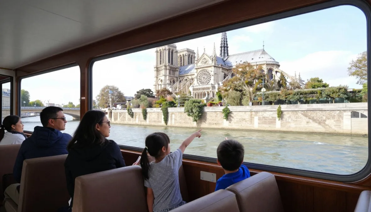 Family on Seine River cruise boat with Notre Dame Cathedral visible through the windows
