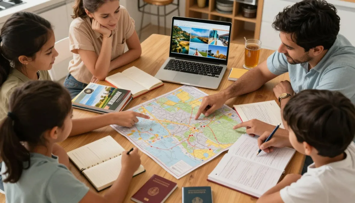 Family planning vacation together looking at map and guidebooks